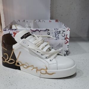 Dolce & Gabbana White and Gold Leather Sneakers